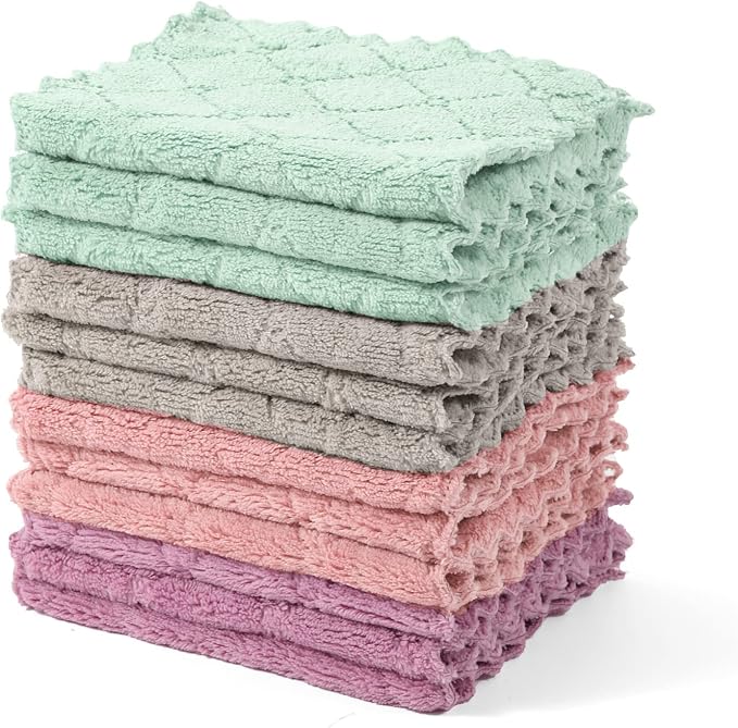 UMANI 12 Pack Kitchen Dish Cloths, Ultra Soft Absorbent Quick Drying Dish Towels, Nonstick Oil Microfiber Cleaning Cloth, Machine Washable Coral Fleece Cleaning Rags (Multicolor)
