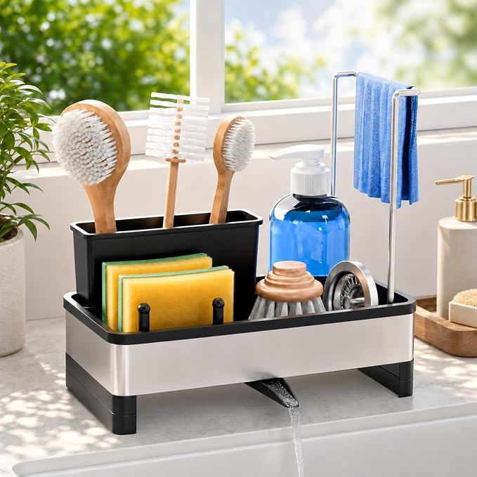 Laveshop Sponge Holder for Kitchen Sink, Rustproof Stainless Steel Sink Caddy with Auto-Drain, Removable Brush Holders, Soap and Dishcloth Organizer, Black