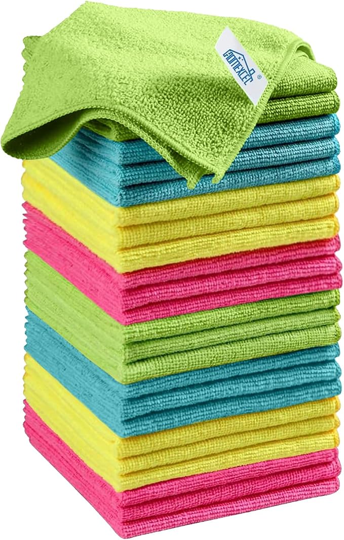 HOMEXCEL 24PK Microfiber Cleaning Cloth, Cleaning Rag for Home, 11.5x11.5in | Reusable, Lint Free, Scratch-Free and Highly Absorbent Towels for Kitchen, Window and Glass, Cars (Green/Blue/Yellow/Pink)