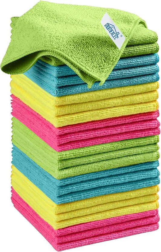 HOMEXCEL 24PK Microfiber Cleaning Cloth, Cleaning Rag for Home, 11.5x11.5in | Reusable, Lint Free, Scratch-Free and Highly Absorbent Towels for Kitchen, Window and Glass, Cars (Green/Blue/Yellow/Pink)