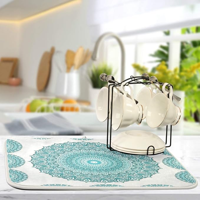 Super Absorbent Dish Drying Mat, Microfiber Fast-Drying Dish Mat, 24" x 18", Kitchen Dish Drying Pad, Boho Ethnic Turquoise Mandala