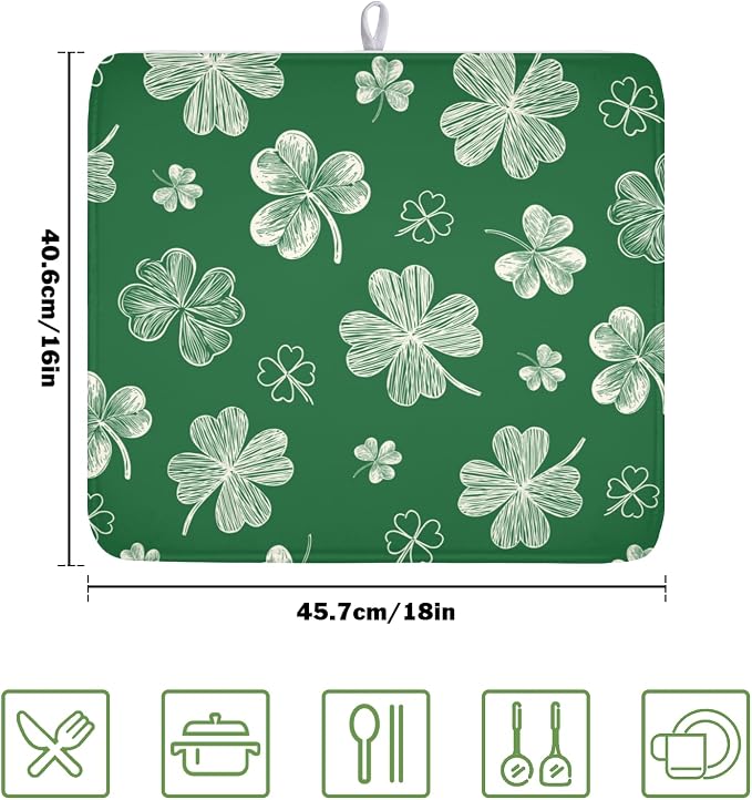 St Patrick's Day Dish Drying Mat 16 x 18 Inch Green Shamrock Dish Drainer Rack Mat Absorbent Microfiber Mats for Spring Lucky Clovers Dish Pad for Kitchen Coffee Bar Decor