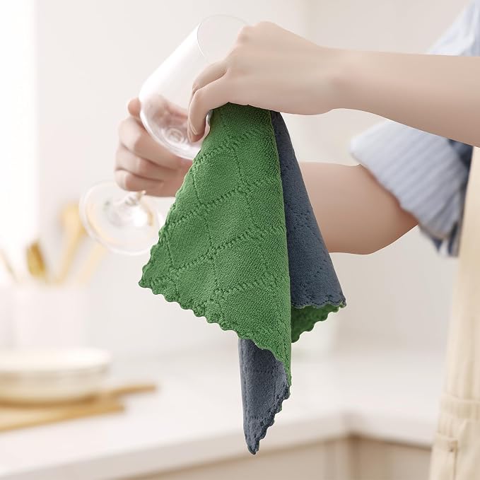 Homaxy 12 Pack Kitchen Cloths Dish Towels (10" x 10", Dark Grey & Grass Green), Super Soft and Absorbent Dish Cloths, Coral Velvet Microfiber Cleaning Cloth, Nonstick Oil Fast Dry Dishcloths