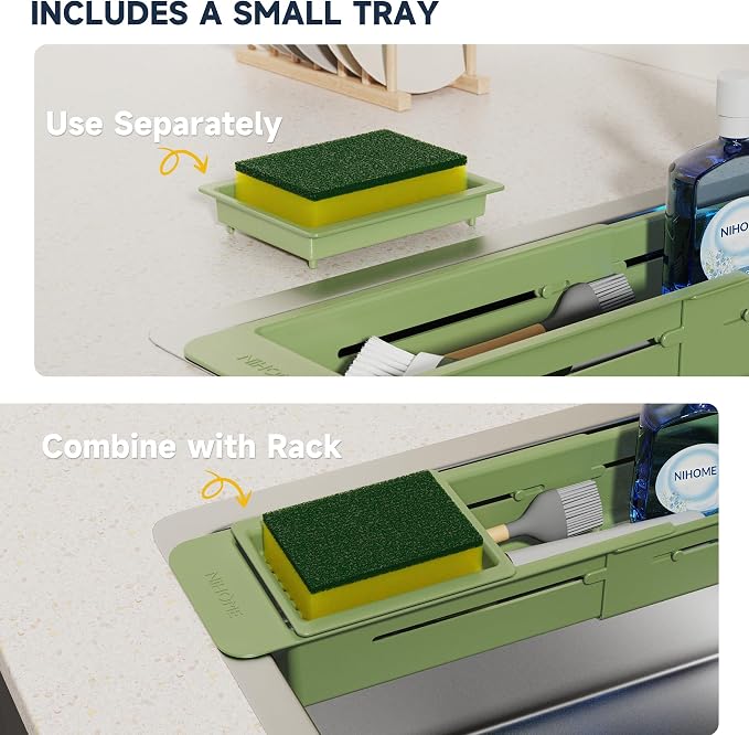 NiHome Extendable Sink Caddy, Small Telescopic Kitchen Brush Holder | Adjustable Sink Organizer for Brush/Sponge with Fast Drainage, Durable ABS, Non-Slip Pads, Expandable Brushes Holder (Green)