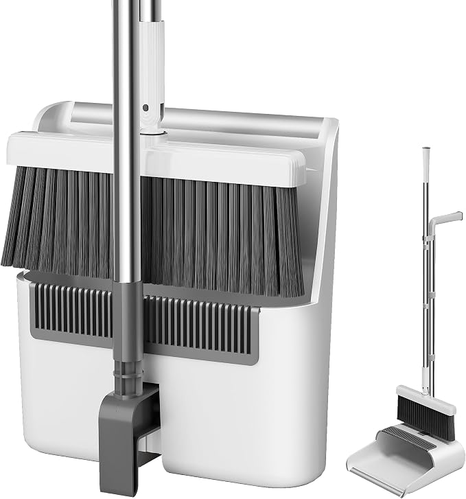Household 53'' Broom and Dustpan Combo Set, Extra Long Handle Broom and ZeroGap Dustpan Sets with Teeth, Upright Storage Broom and Dustpan Sets for Home and Kitchen Off White