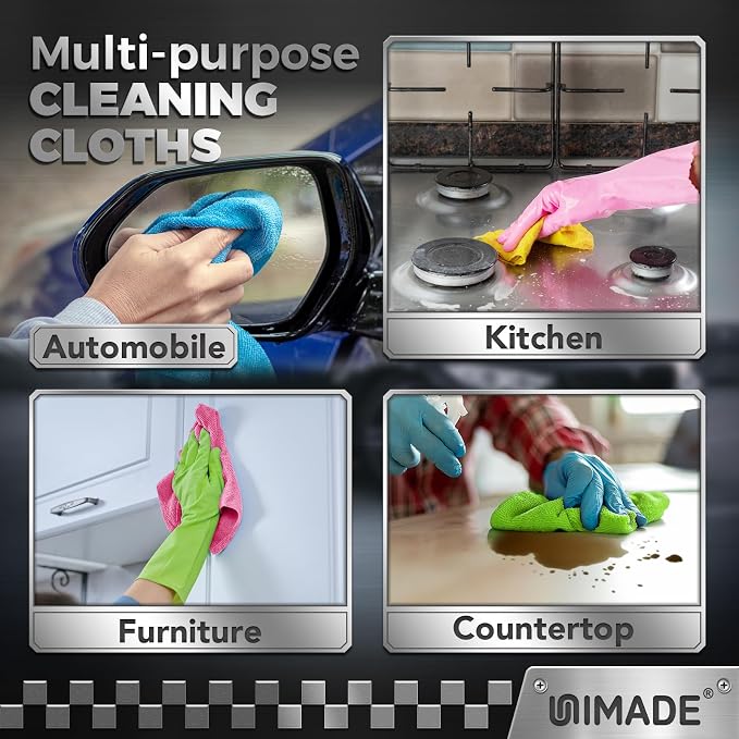 UNIMADE Microfiber Cleaning Cloth, 100PK Commercial Grade Work Rags Microfiber Towels for Cars Cleaning Rags Bulk Detailing Cloth for Automotive Bar Mechanic Restaurant Garage, 11.5"x11.5", Multicolor
