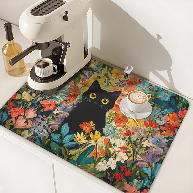 Spring Summer Floral Cat Dish Drying Mat for Kitchen Counter Abstract Oil Painting Wildflower Microfiber Dish Drainer Mat Rustic Absorbent Washable Drying Pad Extra Large 18"x24"