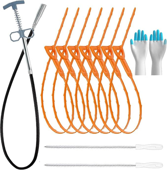 10 Pack drain clog remover Kit with 79 inch Flexible drain snake Tool 7 Hair Removers 2 Cleaning Brushes and 1 Pair Reusable Gloves for Home Use