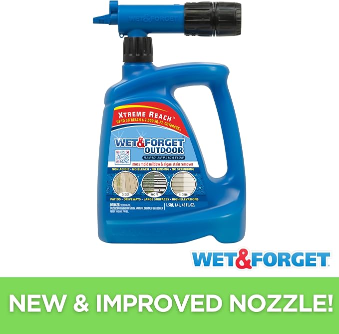 Wet & Forget Outdoor Moss, Mold, Mildew, & Algae Stain Remover Multi-Surface Cleaner, Xtreme Reach Hose End with New & Improved Nozzle, 48 Fluid Ounces