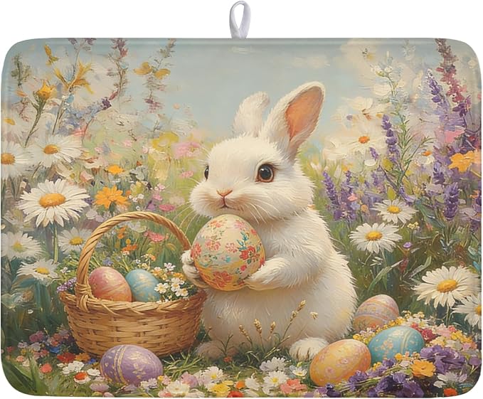 Easter Bunny Eggs Dish Drying Mat for Kitchen Counter 18 x 24 Inch Rabbit Floral Dish Drainer Mat Absorbent Microfiber Dish Rack Pad for Spring Holiday Coffee Dining Bar Decor