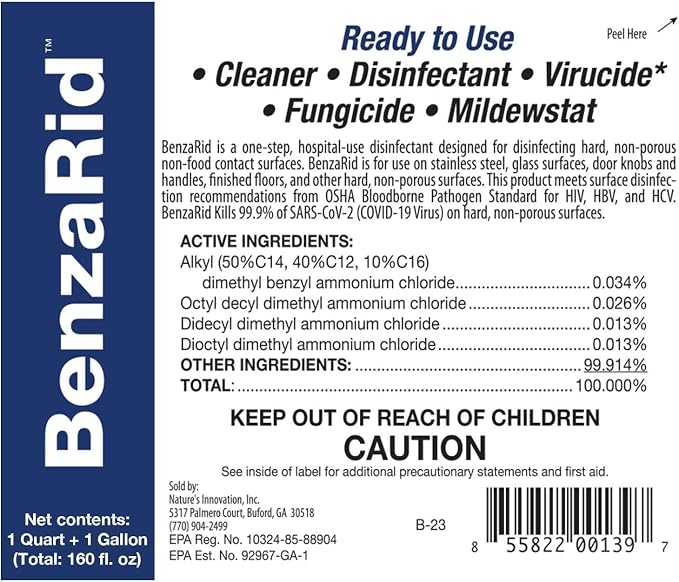 BenzaRid Pro Mold Killer Fungicide Disinfectant including Aspergillus Niger (Black Mold) H5N1 Pack | Multi-Purpose Fungicide, Mildewstat, Disinfectant, Virucide | EPA Reg. 1 Gal + 32 oz.
