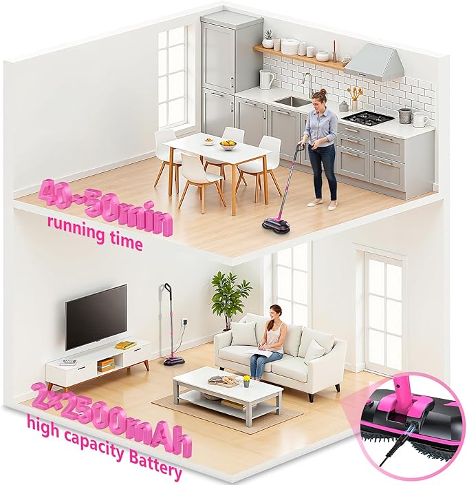 Cordless Electric Mop, Electric Spin Mop with Water Sprayer, Powerful Floor Cleaner, 300ml Tank Self-Propelled for Hardwood & Tile, Adjustable Handle, 2500mAh Long-Lasting Battery, Pink