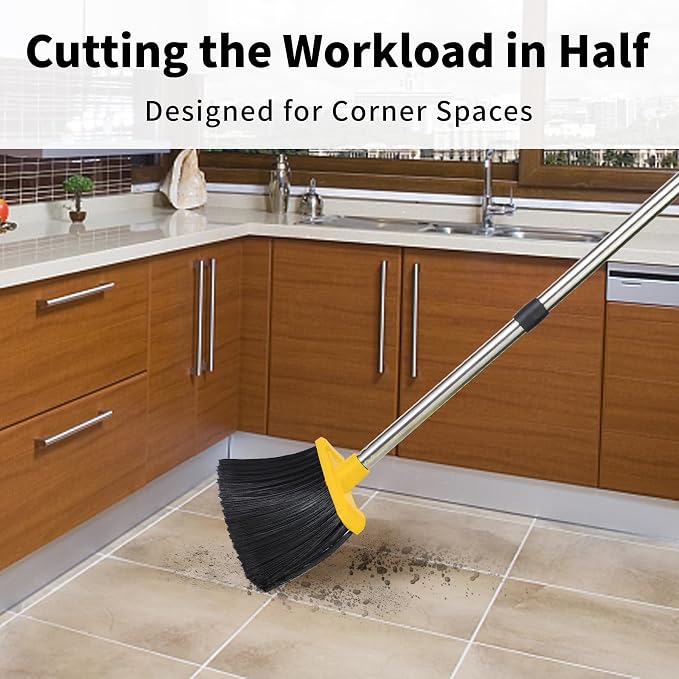 Broom and Dustpan Set for Home, 51" Long Handle Standing Pan Black Yellow | Self-Cleaning Dust Pan and Brooms, ZeroGap Lip, Upright Storage Broom Combo for Kitchen Lobby Office Restaurant Indoor