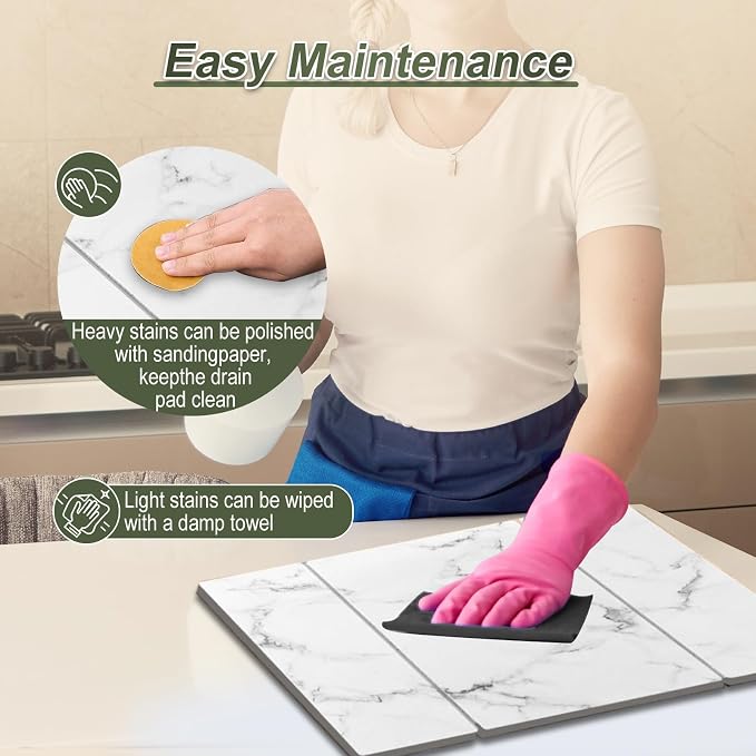 Dish Drying Mat Large Stone Dish Drying Mat For Kitchen Counter Collapsible Quick-Drying Sleek Diatomaceous Versatile Stone Drying Mats For Cups Dishes Bottles Marble (white, 16"×19")