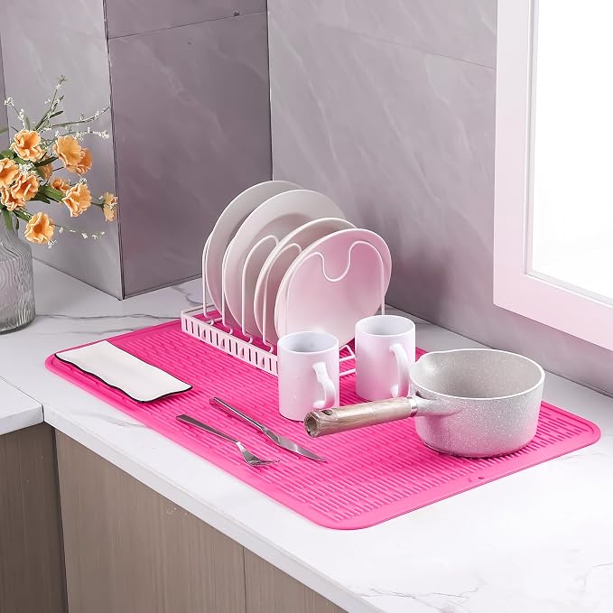 MicoYang Silicone Dish Drying Mat for Multiple Usage,Easy clean,Eco-friendly,Heat-resistant Silicone Mat for Kitchen Counter or Sink,Refrigerator or Drawer Liner Rose 3XL 28 inches x 18 inches