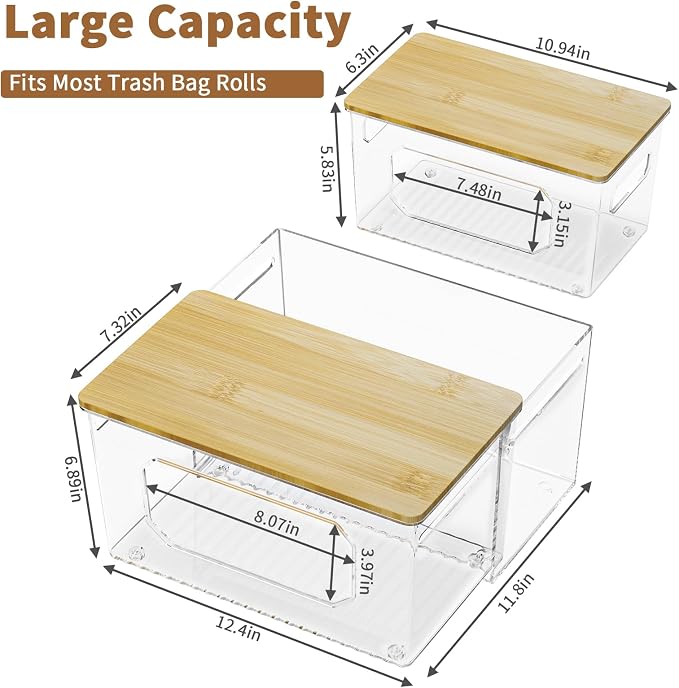 Trash Bag Holder 3-in-1 Under Sink Organizer, Acrylic Trash Bag Dispenser with Bamboo Lid and Pull-Out Basket for Cleaning Supplies, Space Saving Garbage Bag Holder for Kitchen Laundry Room Storage