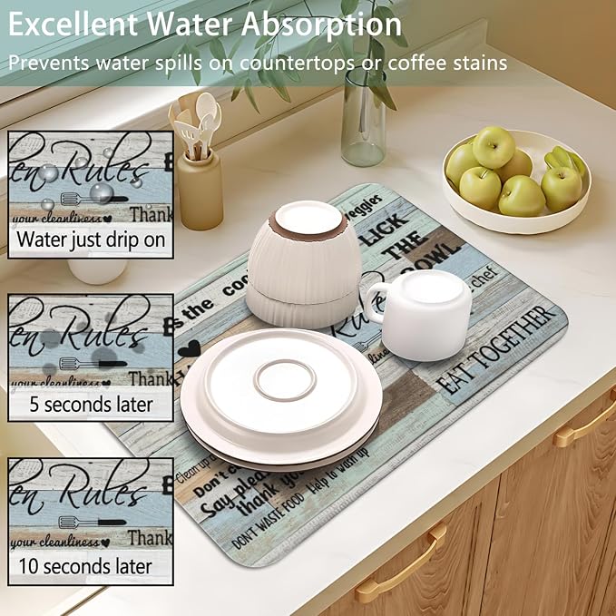 Dish Drying Mat 2-Pack in Kitchen Rules for Kitchen Counter Dishes Mat | Diatom Mud Mats (18x24, 19.5x12"). Non-slip rubber back for kitchen counter, coffee bar & sink scenes