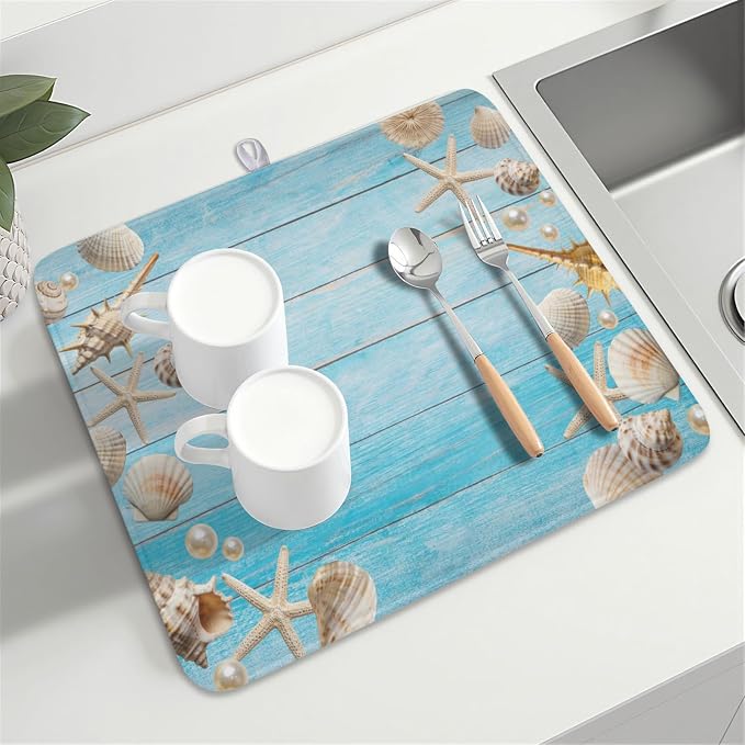 Summer Coastal Dish Drying Mat for Kitchen Counter Seashell Starfish Blue Wooden Board Microfiber Dish Drainer Mat Ocean Nautical Absorbent Washable Drying Pad Extra Large 16"x18"