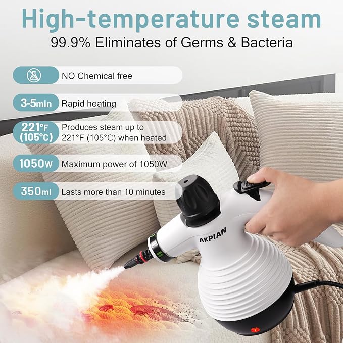 Handheld Steam Cleaner, 221°F Steamer with 10 Accessories | Heats in 3 Mins Safety Lock For Oven, Slate Tile,Upholstery Furniture, Windows Kitchen&Bathroom