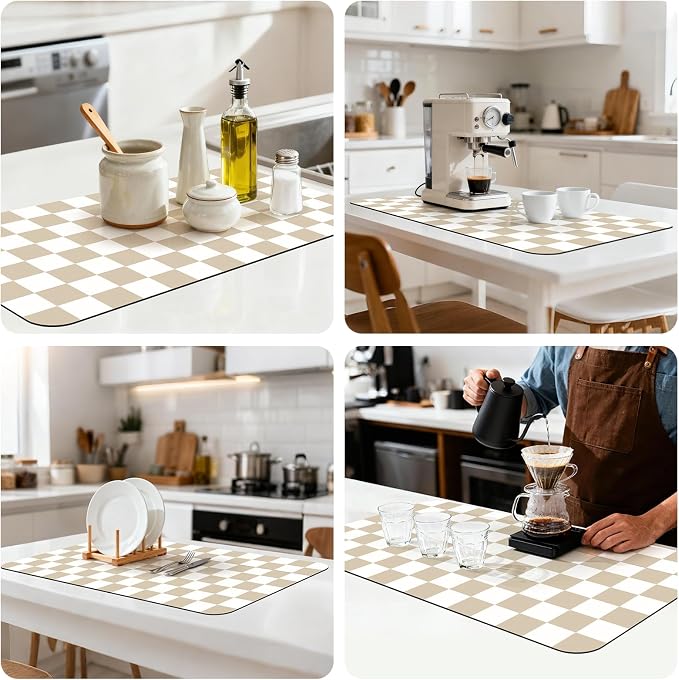 17" x 32" Checkered Dish Drying Mat for Kitchen Counter, Absorbent Coffee Bar Mat for Espresso Machine Coffee Countertops Accessories, Beige