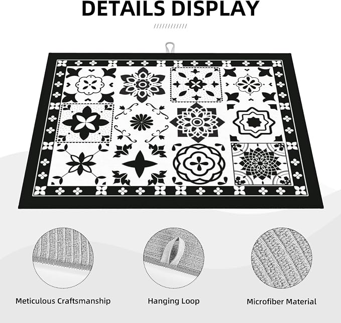 Retro Black Pattern Dish Drying Mat For Kitchen Counter, Super Absorbent Microfiber Dish Drying Pad, Kitchen Gadgets For Easy Clean Multi-Use Large 18"x24"