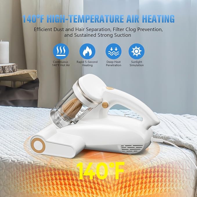 Mattress Vacuum with UV-C Light,16Kpa Bed Vacuum Cleaner for Sofa,Crib | 140°F High Heat, Ultrasonic, Double Dust Cup, Anti-Entanglement Roller, 5m Cord, 500W Motor, for Mattress, Couch, Pet Bed
