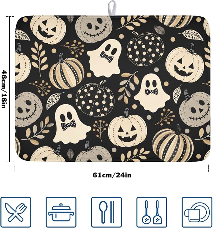Halloween Dish Drying Mat for Kitchen Counter 18 x 24 Inch Pumpkin Ghost Dish Drainer Mat Absorbent Microfiber Autumn Leaves Dish Rack Pad for Coffee Dining Bar Decor