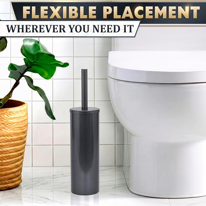 Graphite Metallic Stainless Steel Toilet Brush and Holder Set | Toilet Bowl Brush and Holder with Splash Cover, Sturdy Bristles, Corrosion & Scratch Resistant, Elegant Design