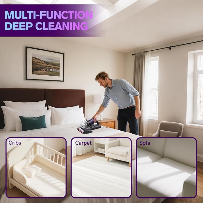 Mxnsewr Mattress Vacuum Cleaner, Ultrasonic Bed Vacuum Cleaner with 18Kpa Strong Suction, 150°F Heat & 253.7nm UV-C Light, Intelligent Dual Cup, One-Click Dust Removal for Bed, Sofa, Carpet, Gray