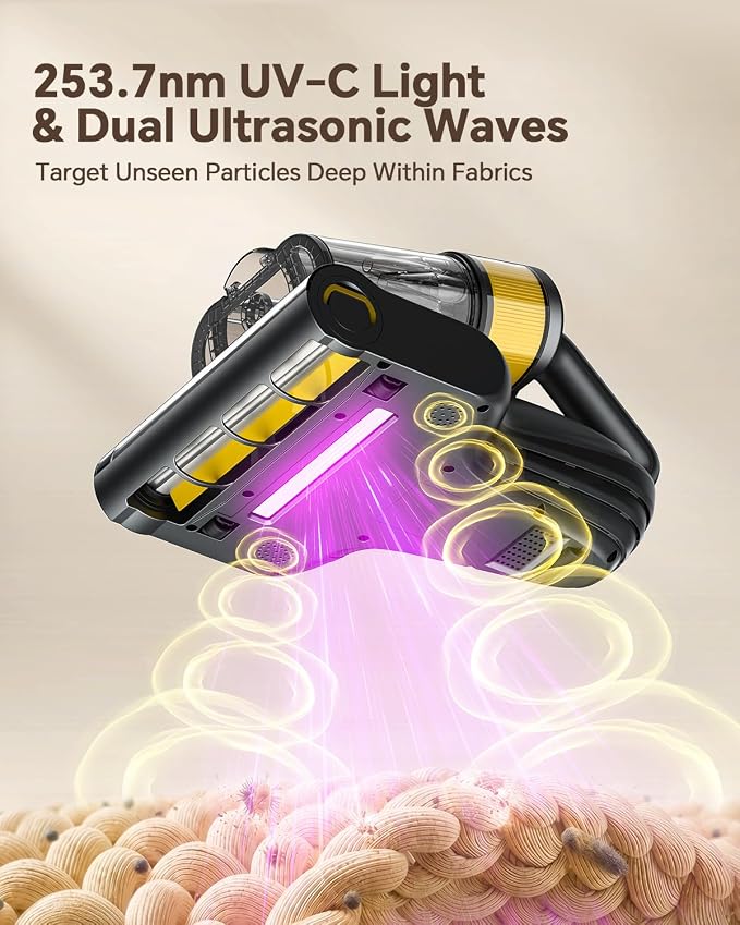 Cordless Mattress Vacuum Cleaner, 50000RPM Bed Vacuum with 253.7nm UV-C | 16000pa Powerful Suction, Ultrasonic, Dust Sensor & LED Display, Cordless, Washable HEPA Filter for Bed, Sofa, Couch