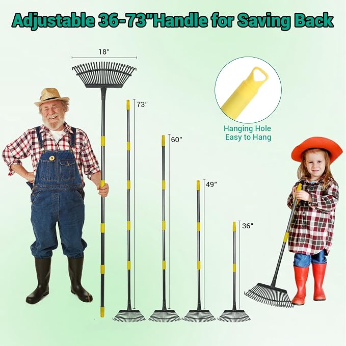 Adjustable Garden Rake for Leaves 36-73" Long Handle, 18" Wide, Heavy Duty with 25 Metal Tines ，Includes 32Gallon Leaf Bags，Designed for Lawns, Grass, Shrubs ，Flower Beds