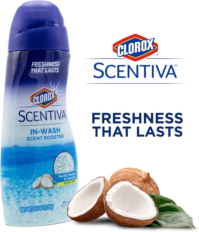 Clorox Scentiva Scent Booster Beads Laundry Freshener, Pacific Breeze and Coconut - In-Wash Fragrance Booster for Clothes, Towels, and Linens, Odor Eliminator, Long-Lasting Fresh Scent, 9.7 Oz