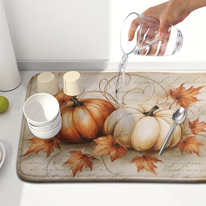 Fall Pumpkin Dish Drying Mat 16X18 Inch Vintage Autumn Drying Mat for Kitchen Counter Absorbent Maple Leaf Fall Thanksgiving Farmhouse Dishes Pad Drainer Mat Countertop Protector for Kitchen Fast Dry