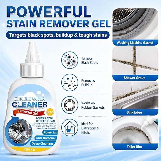 Housemold Stain Remover Gel for Washing Machine & Bathroom – Low Odor Remover Gel for Rubber Gaskets, Caulk, Shower Grout, Silicone Sealant, Toilet, Kitchen Sink, 8 FL