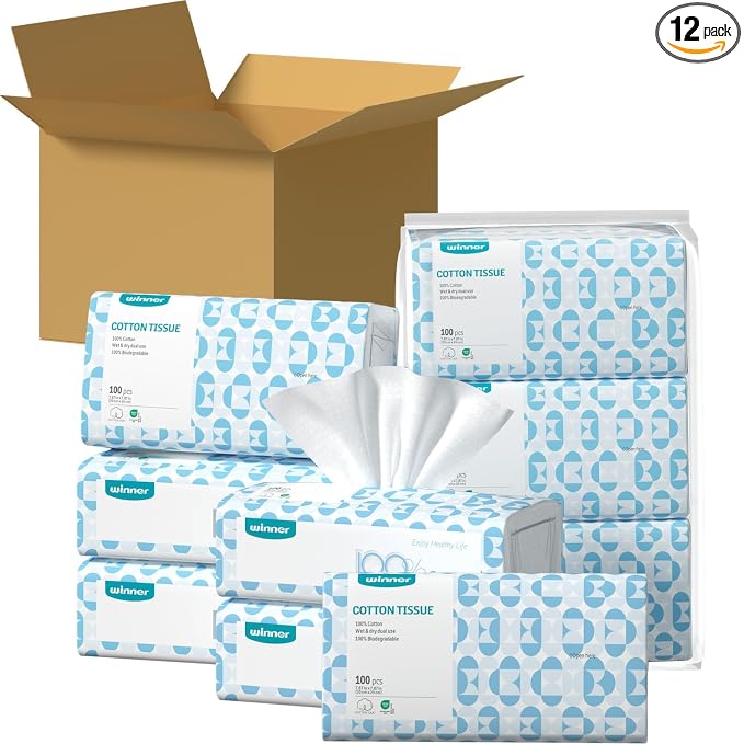 Winner Soft Face Towels, 100% USDA Biobased Facial Towels, 2 Packs per Case, 12 Bags Total, 1200 Count