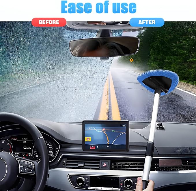 Extendable Car Windshield Cleaning Tool with Microfiber Pads, Blue | reusable glass-wiper design, interior and exterior window use, fits most cars, SUVs, and trucks, automotive cleaning tools