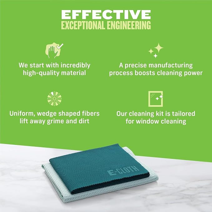 E-Cloth Microfiber Window Cleaning Cloth Kit - Glass Cleaning Cloth for Windows, Mirrors, Cars, Lenses, Eyeglasses, & More, Streak Free Clean, Machine Washable Reusable Towel - Green