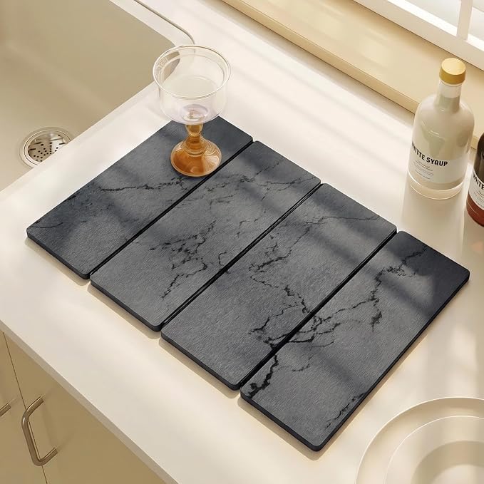 Large Stone Drying Mat for Kitchen Counter, 24"x16" Collapsible Quick Dry Dish Drying Mat, Water-Absorbent Marble Diatomaceous Earth Mats for Bottles Cups Dishes, Match Any Countertop