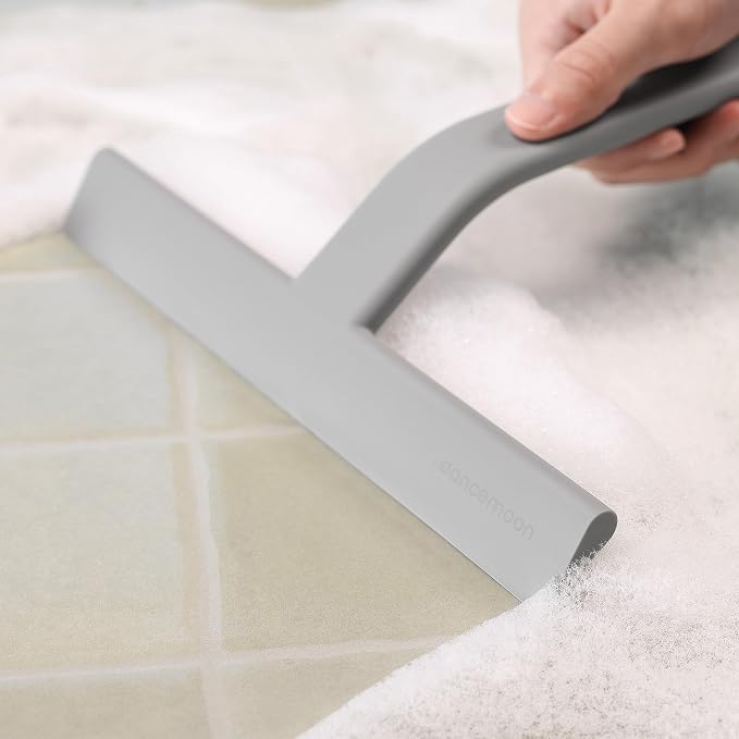 dancemoon JustHang Shower Squeegee with Built-in Hook, 10-Inch Gray | Award-Winning Design, All-One-Piece Soft-Touch Silicone, for Glass Door, Bathroom, Window, Mirror, Tile Wall, Car