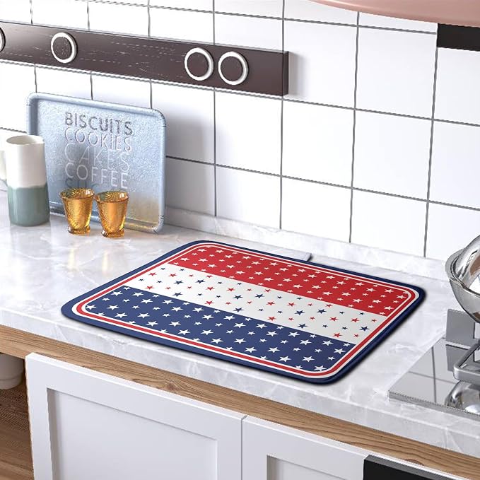 4th of July Dish Drying Mat for Kitchen Counter Patriotic Red White Blue Stars Drying Pad Microfiber Absorbent Dish Draining Mat Microfiber Independence Day Dish Drainer Rack Mats 16x18 Inch