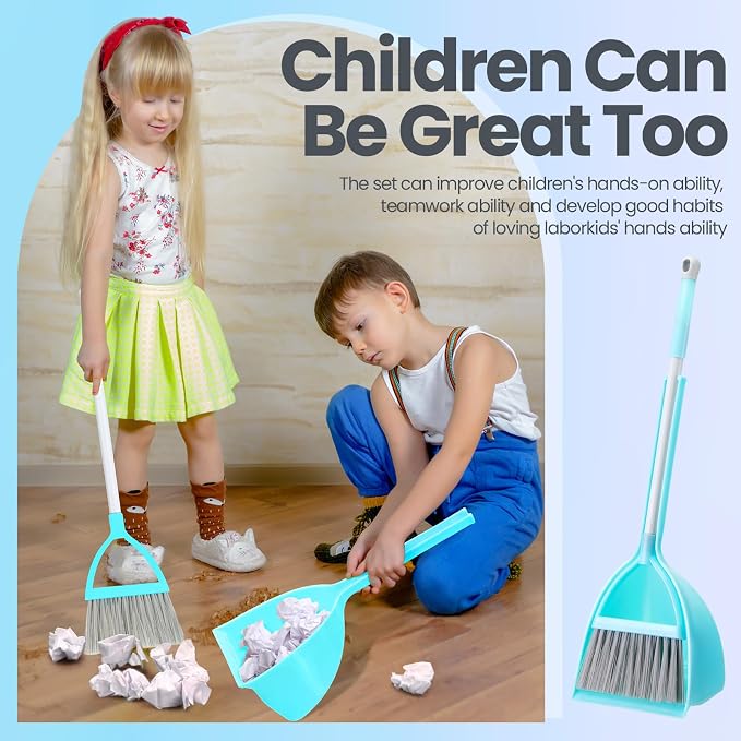 Roshtia 3 Pcs Mini Broom with Dustpan for Kids Broom and Dustpan Set Toddler Cleaning Set Boys Girls Small Cleaning for Kitchen Bathroom Pet (Yellow,Red,Green)