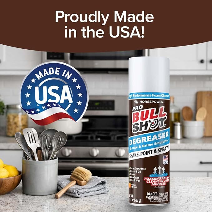 Bull Shot Degreaser Pro, Foaming Degreaser & Grime Remover, Professional Strength AS SEEN ON TV Residue-Free, Shake, Point & Spray, Emulsifies Grease, Oil, Glue, Residue & More - Made in USA - 2PK