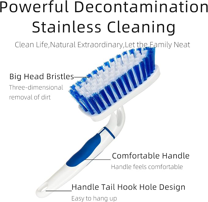 2-Pack Scrub Brush for Cleaning with Long Handle, White&Blue | Medium Firm Bathroom Cleaning Supplies, Bathtub and Shower Cleaner Brush, Multi-Scene Use for Kitchen or Carpet Cleaning