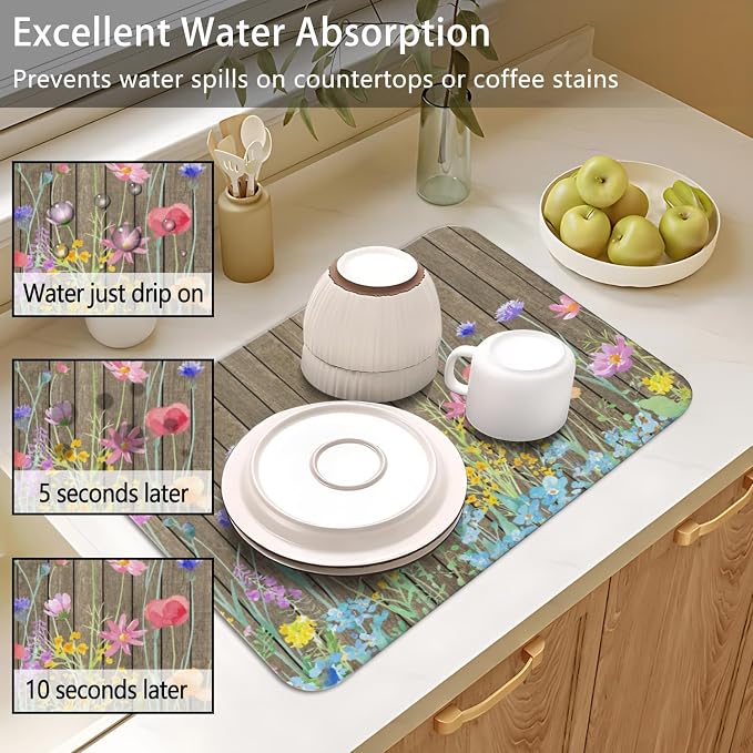 Dish Drying Mat 2-Pack, Wood Floral For Kitchen Counter Dishes Drying | Diatom Mud Mats (18x24, 19.5x12"). Non-slip rubber back for kitchen counter, coffee bar & sink scenes