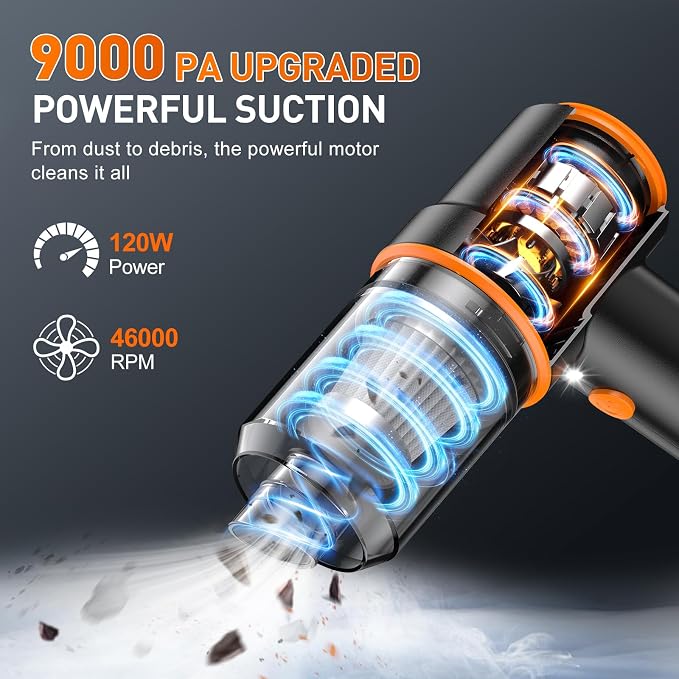 KMM Handheld Car Vacuum Cleaner, 9000PA Hand Held Vacuum & Air Duster | 120W High Power, Portable, Cordless, Rechargeable, Multi-Nozzles & LED Light, For Home, Car, Office