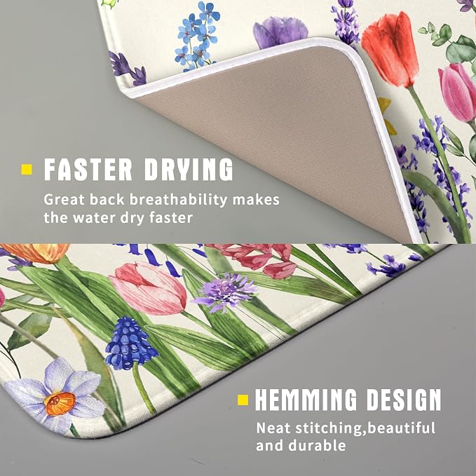 Spring Summer Colorful Flower Dish Drying Mat 16x18 Inch Spring Wildflowers Kitchen Pad Botanical Floral Drainer Rack Mats Absorbent Fast Dry Microfiber Dish Drying Pad for Countertop Table Decoration