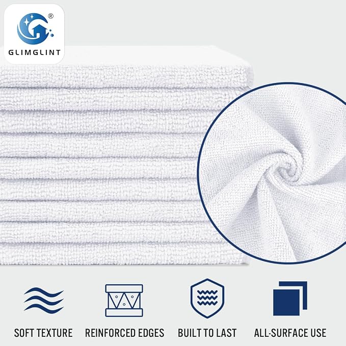 GLIMGLINT White Microfiber Cleaning Cloth,150PK Reusable Cleaning Rags,Highly Absorbent Shop Rags Bulk,All-Purpose Car Cleaning Towels for TV Screen, Kitchen, Bathroom, Restaurant, Garage, 14"X12"
