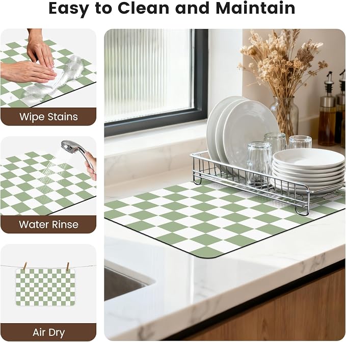 12" x 20" Checkered Dish Drying Mat for Kitchen Counter, Absorbent Coffee Bar Mat for Espresso Machine Coffee Countertops Accessories, Sage