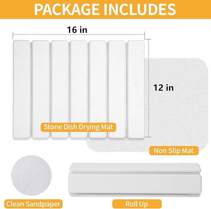 Stone Dish Drying Mat for Kitchen Counter, 16''×12'' Quick Dry Stone Dishes Mats Foldable Water Absorbing Diatomaceous Earth Drying Organizer Mat for Dishes Utensils Bottles Any Countertop(White)