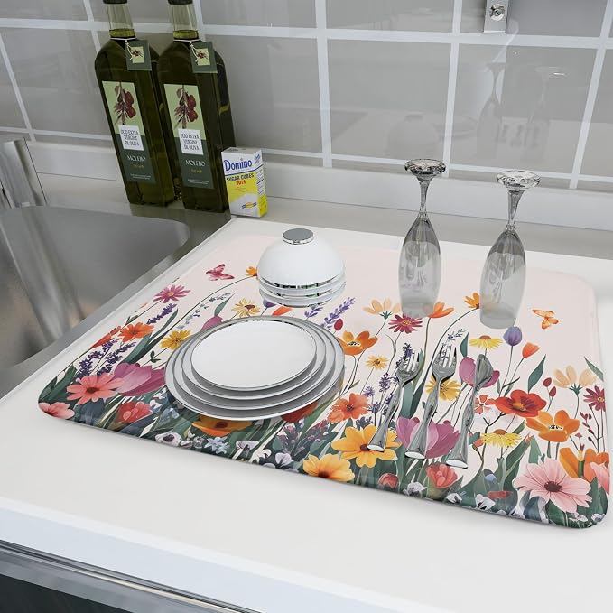 Kawani Spring Summer Flowers Dish Drying Mat for Kitchen Counter 16"x18" Colorful Floral Drying Mat Soft Absorbent Microfiber Farmhouse Fluttering Butterfly Dish Drainer Rack Mats for Counter tops